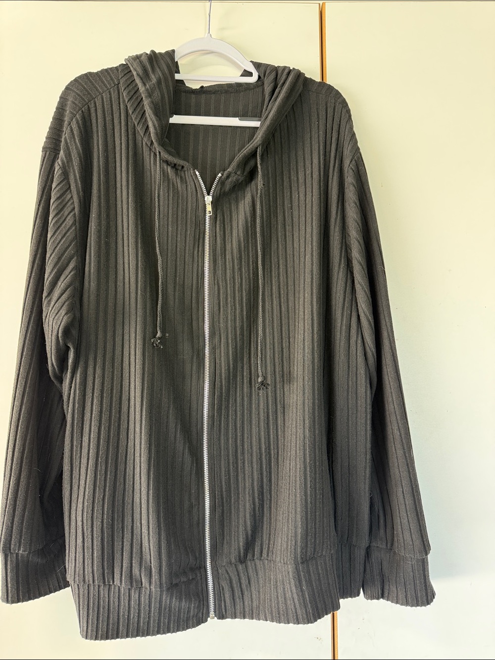 Ribbed Zip-Up Hooded Jacket - Black
